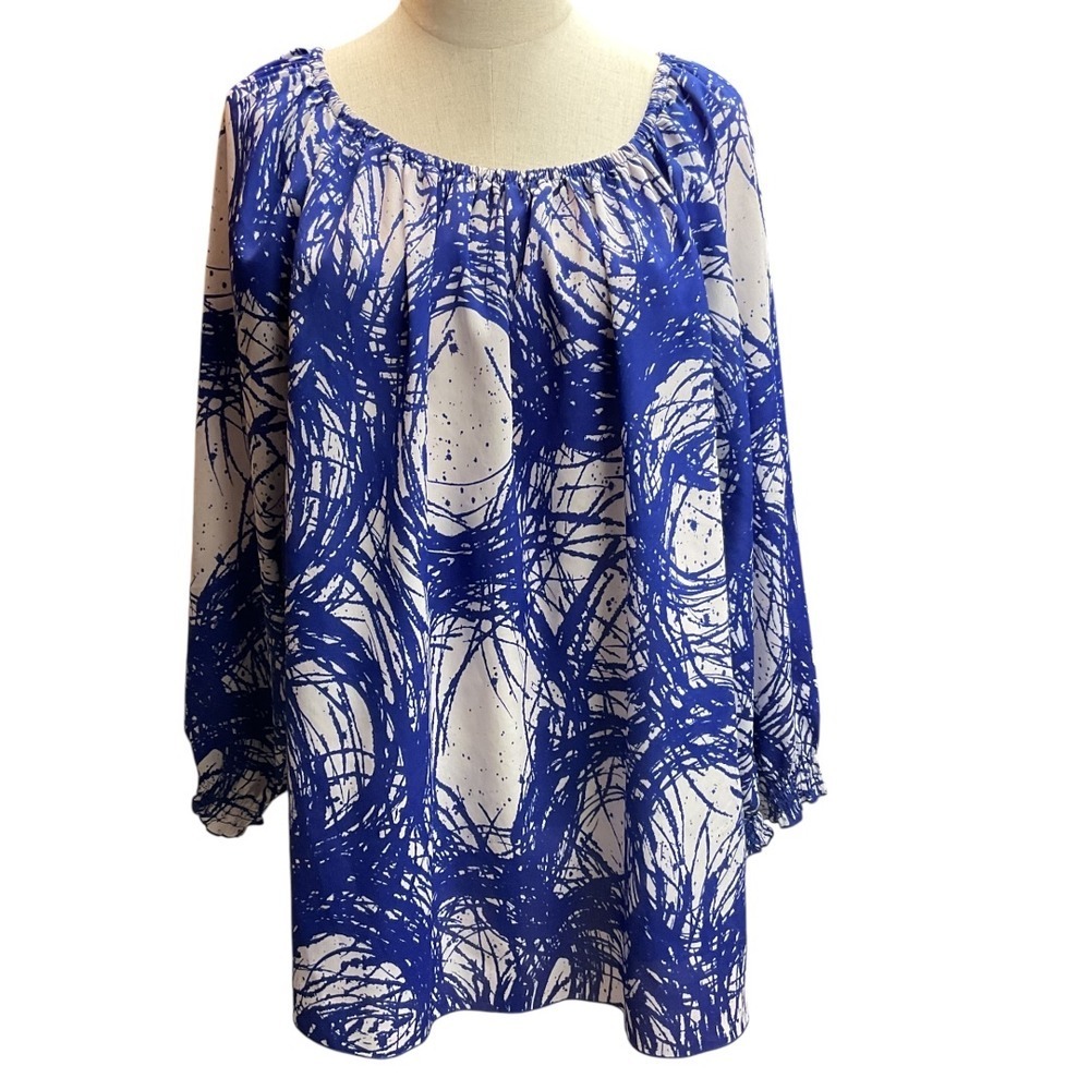 Susan Graver Abstract‎ Print Tunic Top Size 2X Blue White Long Sleeve Bohemian